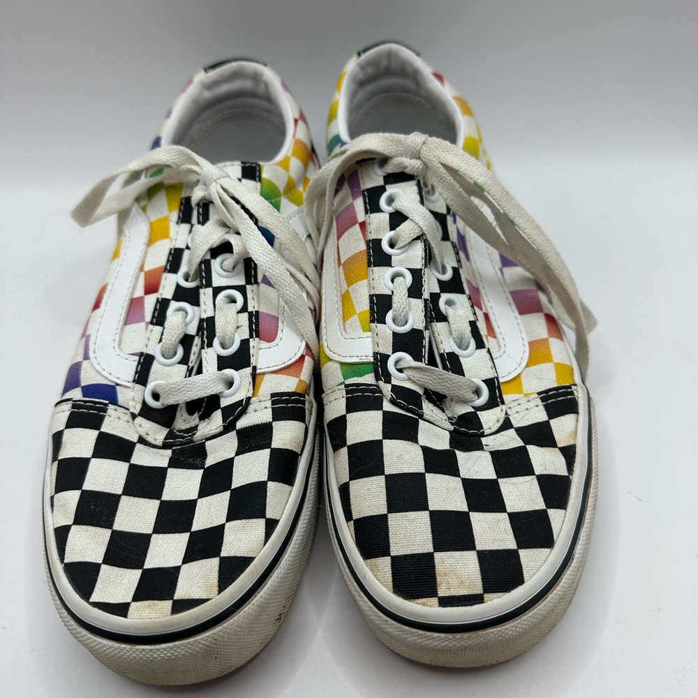 Vans Women’s‎ Size 7.5 Black White Rainbow Checkerboard Checkered Sneakers Pride